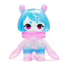 image of a very cute clear pink and blue toy designed after a manta ray. she has a bob hair cut, alien antennae, and flippers. she also has a large collar at the top of her suit